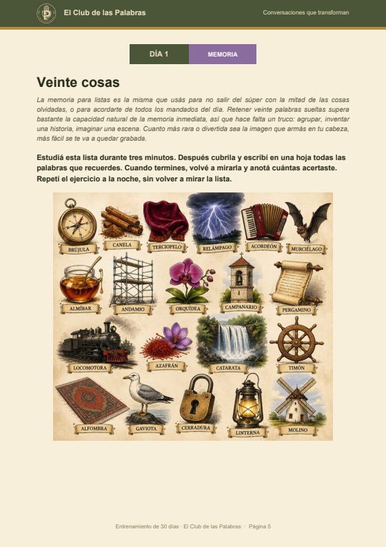 Página del día 1: Veinte cosas, un ejercicio de memoria