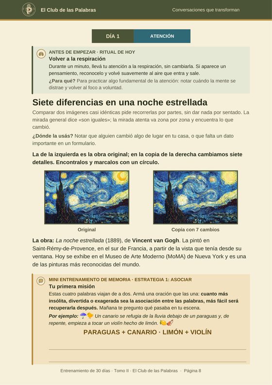 Página del día 1 del Tomo II: Siete diferencias en una noche estrellada, un ejercicio de atención